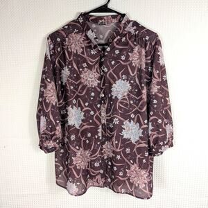 Nikki Floral Button Front Top Long Sleeve Sheer Lightweight Blouse Womens